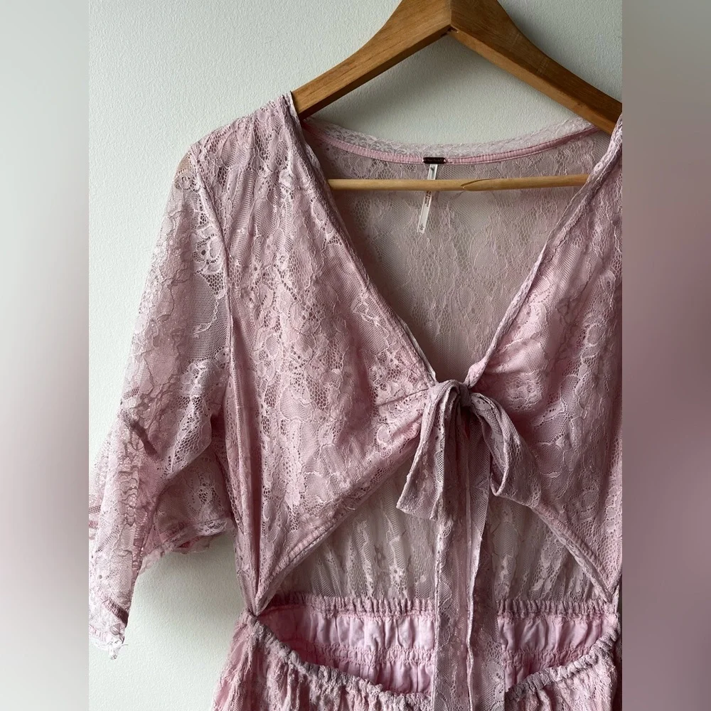 Free People Dusty Rose Lace Tie-Front Mini Dress - Picture 3 of 6